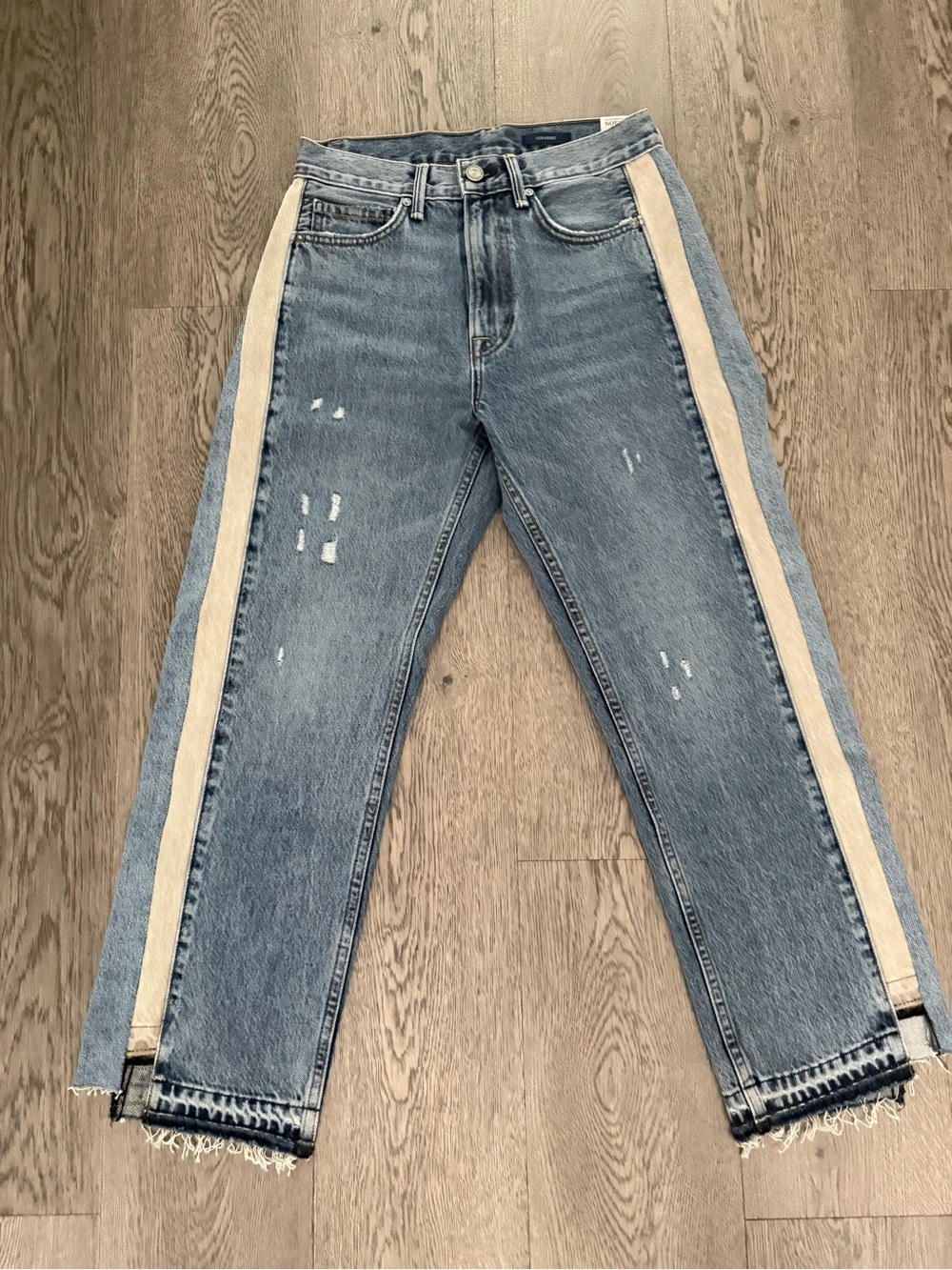 Light Blue Women's Distressed Jeans with Cream Side Stripe